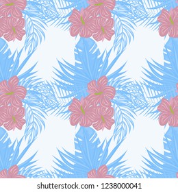 Beautiful tropical seamless pattern with flowers and leaves. Flowers of the jungle. Summer background with tropical leaves and flowers for fabric, wallpaper and cover