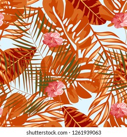 Beautiful tropical seamless pattern with flowers and leaves. Flowers of the jungle. Summer background with tropical leaves and flowers for fabric, wallpaper and cover