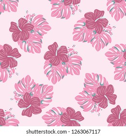 Beautiful tropical seamless pattern with flowers and leaves. Flowers of the jungle. Summer background with tropical leaves and flowers for fabric, wallpaper and cover