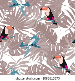 Beautiful tropical seamless pattern with parrot and leaves. Fashionable background with a parrot and flowers. Jungle. Tropical birds.