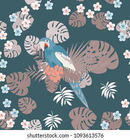 Beautiful tropical seamless pattern with parrot and leaves. Fashionable background with a parrot and flowers. Jungle. Tropical birds.