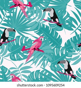 Beautiful tropical seamless pattern with parrot, toucan and leaves. Fashionable background with a parrot and flowers. Jungle. Tropical birds.