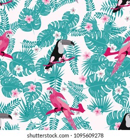Beautiful tropical seamless pattern with parrot, toucan and leaves. Fashionable background with a parrot and flowers. Jungle. Tropical birds.