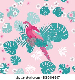 Beautiful tropical seamless pattern with parrot and leaves. Fashionable background with a parrot and flowers. Jungle. Tropical birds.