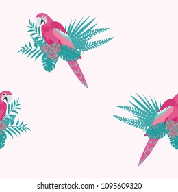 Beautiful tropical seamless pattern with parrot and leaves. Fashionable background with a parrot and flowers. Jungle. Tropical birds.