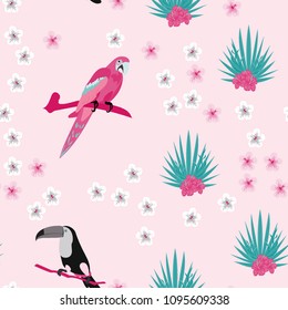 Beautiful tropical seamless pattern with parrot, toucan and leaves. Fashionable background with a parrot and flowers. Jungle. Tropical birds.