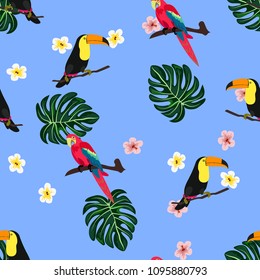 Beautiful tropical seamless pattern with parrot, toucan and leaves. Fashionable background with a parrot and flowers. Jungle. Tropical birds.