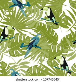 Beautiful tropical seamless pattern with parrot, toucan and leaves. Fashionable background with a parrot. Jungle. Tropical birds.