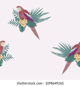 Beautiful tropical seamless pattern with parrot and leaves. Fashionable background with a parrot and flowers. Jungle. Tropical birds.