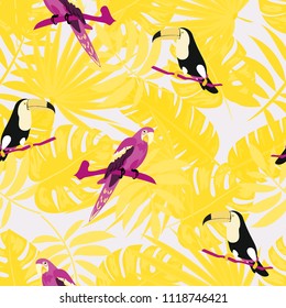 Beautiful tropical seamless pattern with parrot, toucan and leaves. Fashionable background with a parrot. Jungle. Tropical birds.