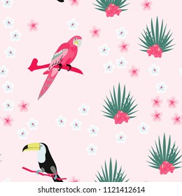 Beautiful tropical seamless pattern with parrot, toucan and leaves. Fashionable background with a parrot. Jungle. Tropical birds.