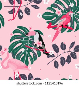 Beautiful tropical seamless pattern with parrot, toucan and leaves. Fashionable background with a parrot. Jungle. Tropical birds.