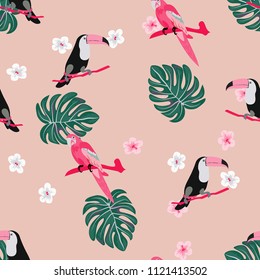 Beautiful tropical seamless pattern with parrot, toucan and leaves. Fashionable background with a parrot. Jungle. Tropical birds.