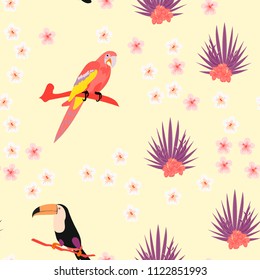 Beautiful tropical seamless pattern with parrot, toucan and leaves. Fashionable background with a parrot. Jungle. Tropical birds.