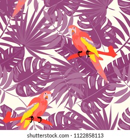 Beautiful tropical seamless pattern with parrot and leaves. Fashionable background with a parrot and flowers. Jungle. Tropical birds.