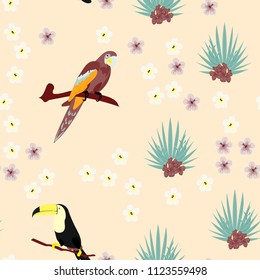 Beautiful tropical seamless pattern with parrot, toucan and leaves. Fashionable background with a parrot. Jungle. Tropical birds.