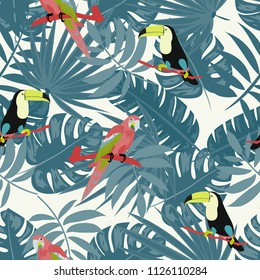 Beautiful tropical seamless pattern with parrot, toucan and leaves. Fashionable background with a parrot. Jungle. Tropical birds.