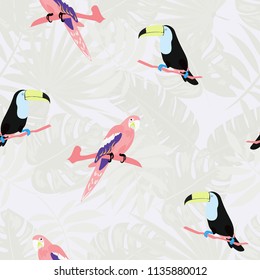 Beautiful tropical seamless pattern with parrot, toucan and leaves. Fashionable background with a parrot. Jungle. Tropical birds.