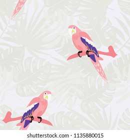 Beautiful tropical seamless pattern with parrot and leaves. Fashionable background with a parrot and flowers. Jungle. Tropical birds.