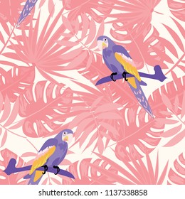 Beautiful tropical seamless pattern with parrot and leaves. Fashionable background with a parrot and flowers. Jungle. Tropical birds.