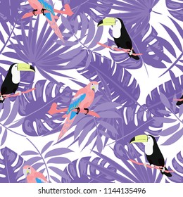 Beautiful tropical seamless pattern with parrot, toucan and leaves. Fashionable background with a parrot. Jungle. Tropical birds.
