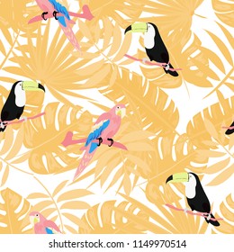 Beautiful tropical seamless pattern with parrot, toucan and leaves. Fashionable background with a parrot. Jungle. Tropical birds.