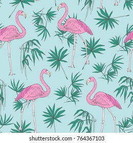 Beautiful tropical seamless pattern with pink flamingo birds and green jungle palm foliage hand drawn on blue background. Vector illustration for backdrop, wallpaper, fabric print, wrapping paper.