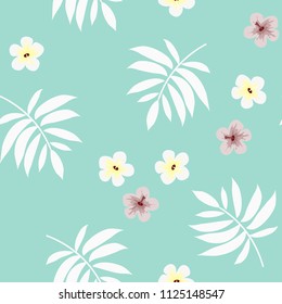 Beautiful tropical seamless pattern with red flowers and blue leaves. Flowers of the jungle. Summer background with tropical leaves and flowers for fabric, wallpaper and cover