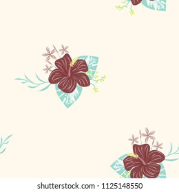 Beautiful tropical seamless pattern with red flowers and blue leaves. Flowers of the jungle. Summer background with tropical leaves and flowers for fabric, wallpaper and cover