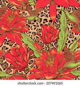 Beautiful tropical seamless vintage floral pattern on leopard background with Red Flowers and Hummingbirds.