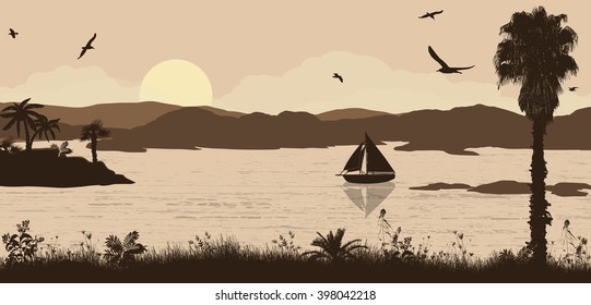 Beautiful tropical seascape. Retro style sunset on the ocean background, vector illustration