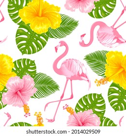 Beautiful tropical summer. Seamless floral pattern with palm and monstera leaves, pink flamingo, hibiscus. For wallpapers, web page backgrounds, surface textures, fabrics. Vector illustration.