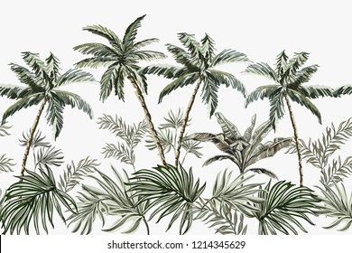 Beautiful tropical summer vintage palm trees floral seamless border on the white  background.. Exotic jungle wallpaper. 