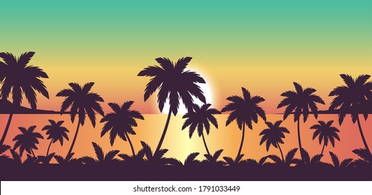 beautiful tropical sunset over the ocean and palm trees, vector seascape illustration