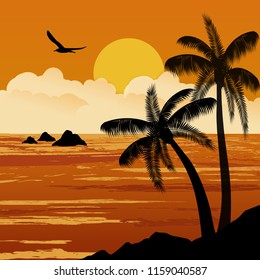 Beautiful tropical sunset with palm trees, vector illustration