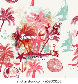 Beautiful tropical vacation pattern with pink palms and grunges. Summer and ocean rest