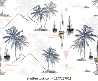 Beautiful tropical vector seamless pattern background with coconut palm trees, sailboat silhouettes, sun, mountaines. Isolated on white background. The Summer beach surfing illustration. 