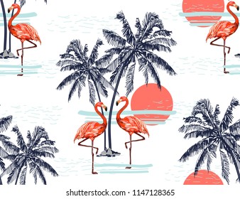 Beautiful tropical vector seamless pattern background with flamingo, coconut palm trees  silhouettes, sun, mountaines. Isolated on white background. The Summer beach surfing illustration. 