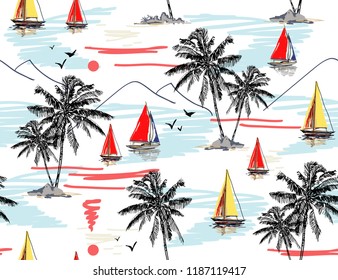 Beautiful tropical vector seamless pattern background with coconut palm trees, sailboat silhouettes, sun, mountaines, birds.  Isolated on white background. The Summer beach surfing illustration. 