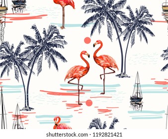 Beautiful tropical vector seamless pattern background with coconut palm trees, sailboat silhouettes, sun, mountaines, whale tails.  Isolated on white background. The Summer beach surfing illustration