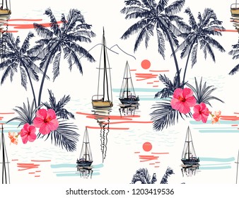 Beautiful tropical vector seamless pattern background with coconut palm trees, sailboat silhouettes, sun, mountaines, hibiscus.  Isolated on white background. The Summer beach surfing illustration. 