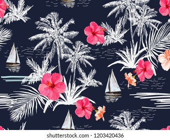 Beautiful tropical vector seamless pattern background with coconut palm trees, sailboat silhouettes, sun, mountaines, hibiscus.  Isolated on blue  background. The Summer beach surfing illustration. 