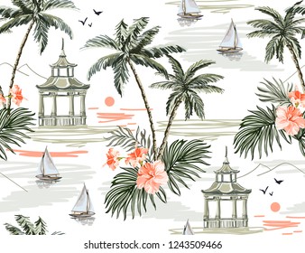 Beautiful tropical vector seamless pattern background with coconut palm trees, sailboat silhouettes, sun, mountaines, hibiscus. Isolated on blue background. The Summer beach surfing illustration. 