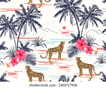 Beautiful tropical vector seamless pattern background with leoprad, coconut palm trees  silhouettes, sun, mountaines, hibiscus. Isolated on blue background. The Summer beach surfing illustration. 