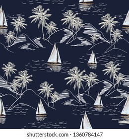 Beautiful tropical vector seamless pattern background with coconut palm trees, sailboat, mountains. Isolated on blue background. The Summer beach surfing illustration. 