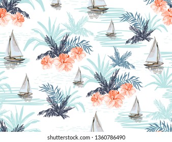 Beautiful tropical vector seamless pattern background with coconut palm trees, sailboat silhouettes, hibiscus. Isolated on white background. The Summer beach surfing illustration. 