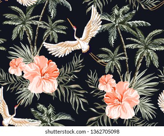 Beautiful tropical vector seamless pattern background with coconut palm trees, japanese crane,  hibiscus. Isolated on blue  background. The Summer beach oriental  illustration. 