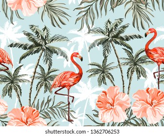 Beautiful tropical vector seamless pattern background with coconut palm trees, flamingo, hibiscus. Isolated on blue  background. The Summer beach surfing illustration. 