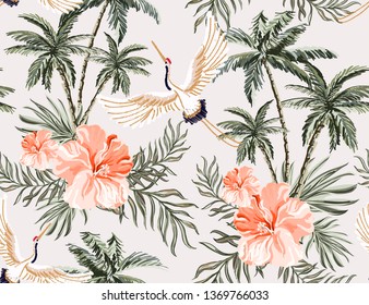 Beautiful tropical vector seamless pattern background with coconut palm trees, japanese crane,  hibiscus. The Summer beach oriental  illustration. 