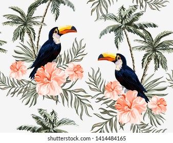 Beautiful tropical vector seamless pattern background with coconut palm trees, toucan,  hibiscus. Isolated on blue  background. The Summer beach oriental  illustration. 